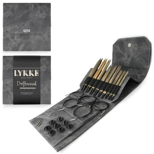 LYKKE Driftwood Long Interchangeable Circular Knitting Needle Set in Grey Denim Case