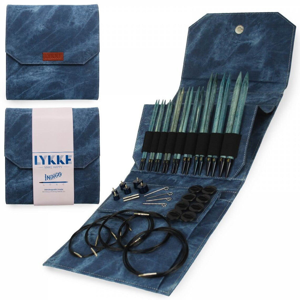 LYKKE Indigo Long Interchangeable Circular Knitting Needle Set in Azure Denim Case